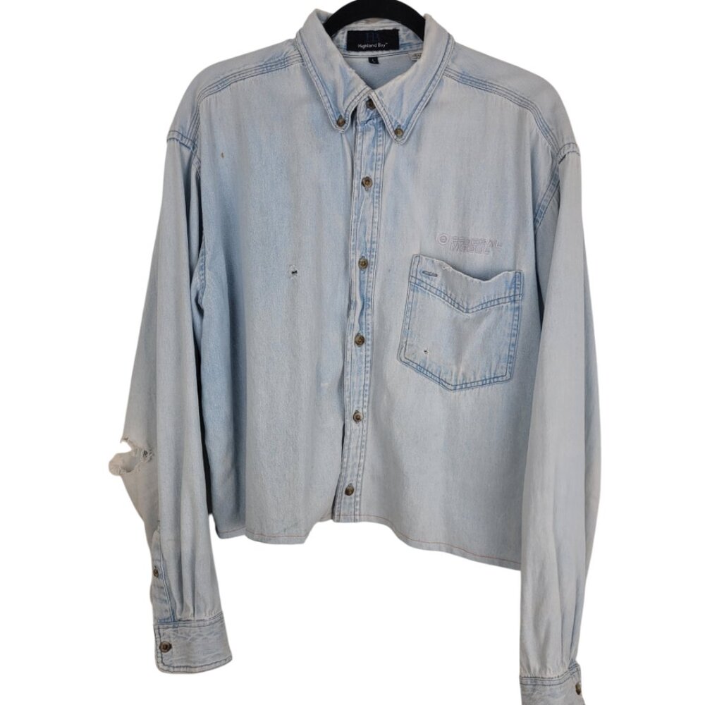 90s/Y2K Grunge style Button Up Chambray Cropped Collared Shirt Cotton large